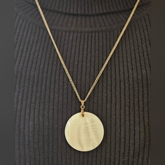 Faux Mother of Pearl Disc / Full Moon Pendant on Bronze Chain. - Picture 4 of 6